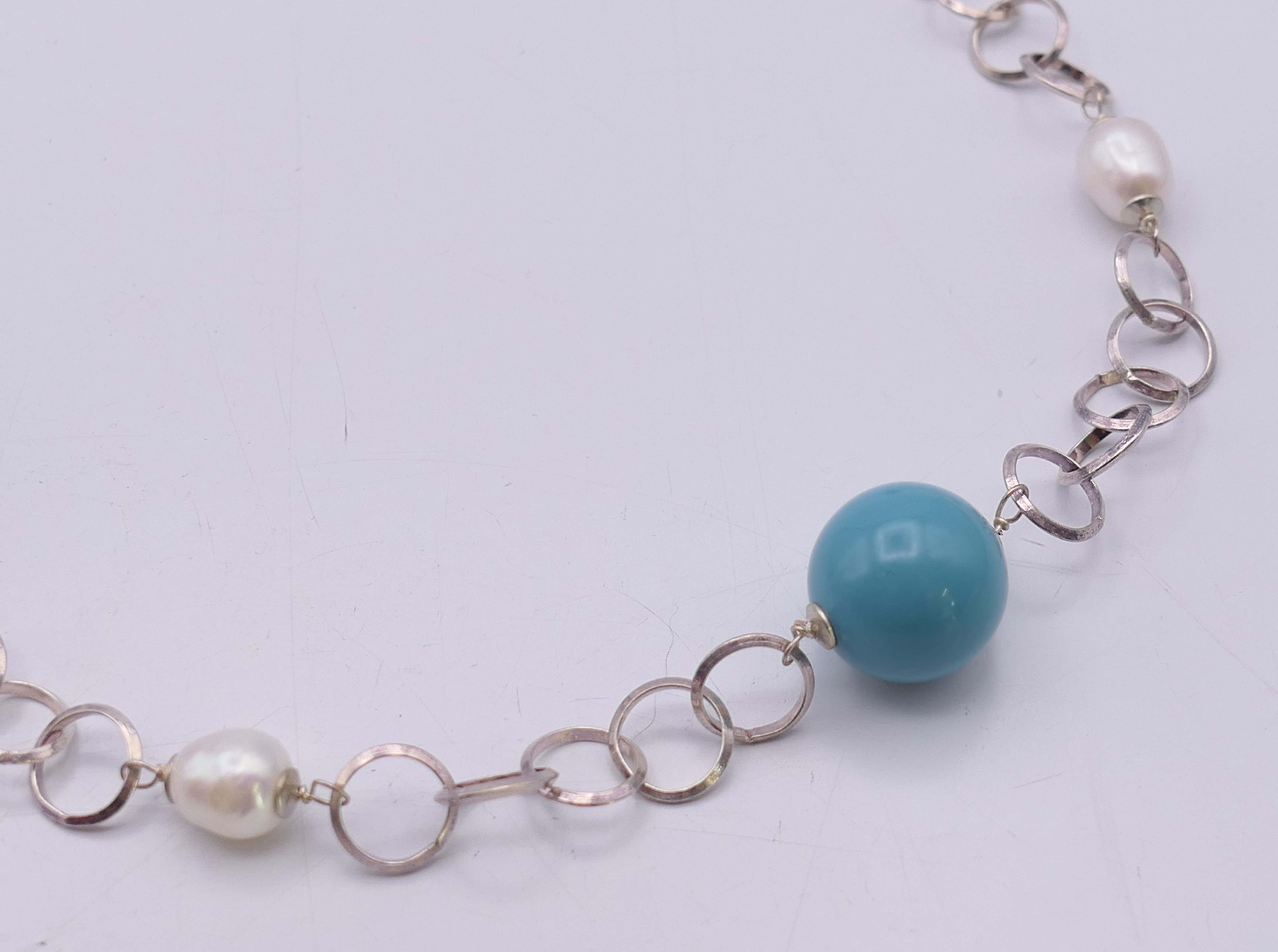 A boxed Christian Lay silver necklace set with pearls and Tiffany blue roundels, with certificate. - Image 2 of 5