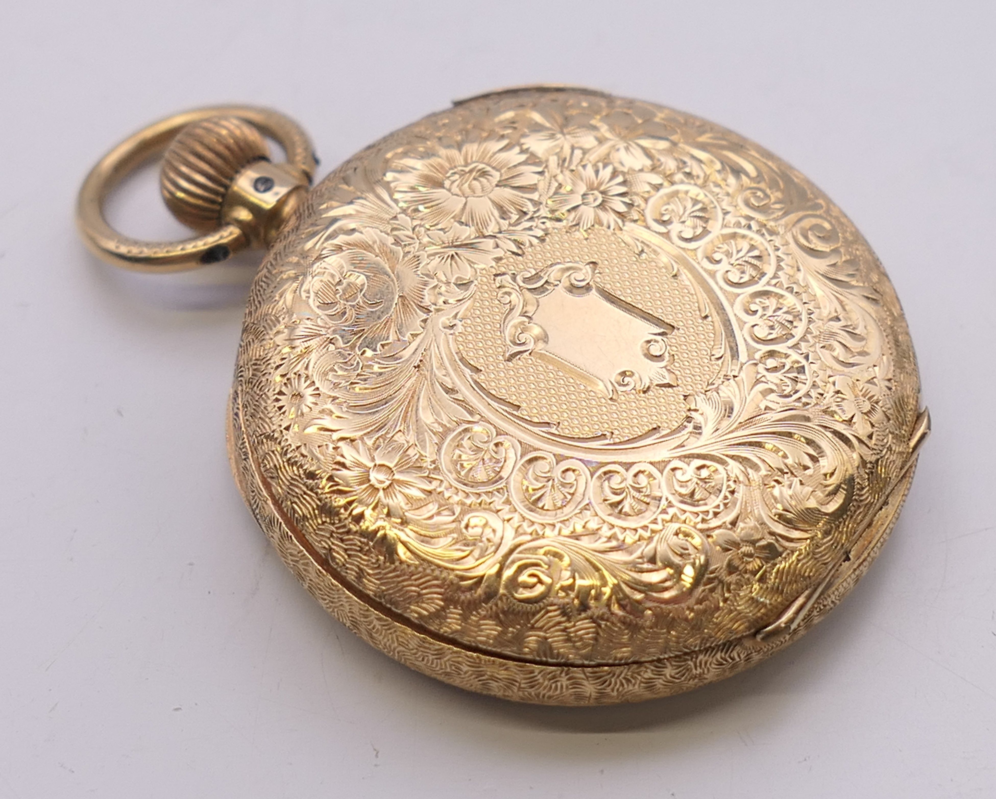 A 15 K gold J W Benson fob watch. 3.5 cm diameter. 29.5 grammes total weight. - Image 8 of 8