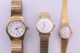 Three ladies gilt wristwatches (Sekonda, Seiko and Accurist). Larger 2.5 cm diameter.