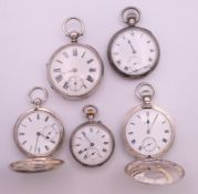 Six various silver pocket watches. Largest 5.5 cm diameter.