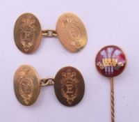 A boxed pair of Edward VII 18 ct gold cufflinks and a boxed unmarked enamel decorated Edward VII