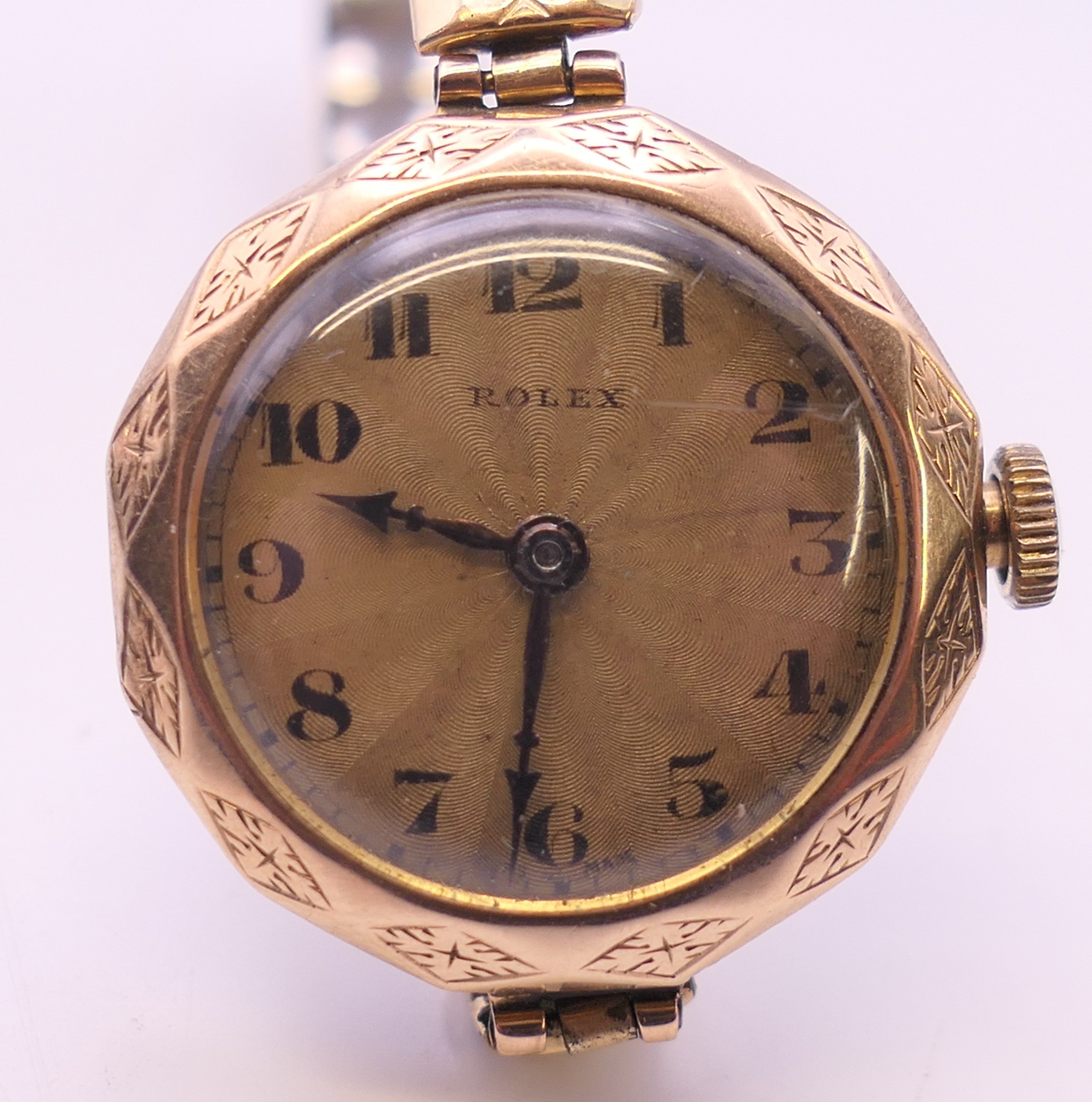 A 9 ct gold cased ladies Rolex 15 jewel manual wind wristwatch. 2.5 cm wide. 21.