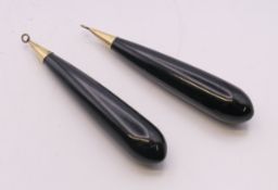 A pair of jet drop earrings. 5.75 cm high.