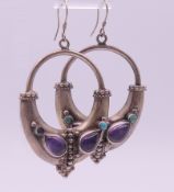 A pair of silver, amethyst and turquoise earrings. 4.5 cm high.