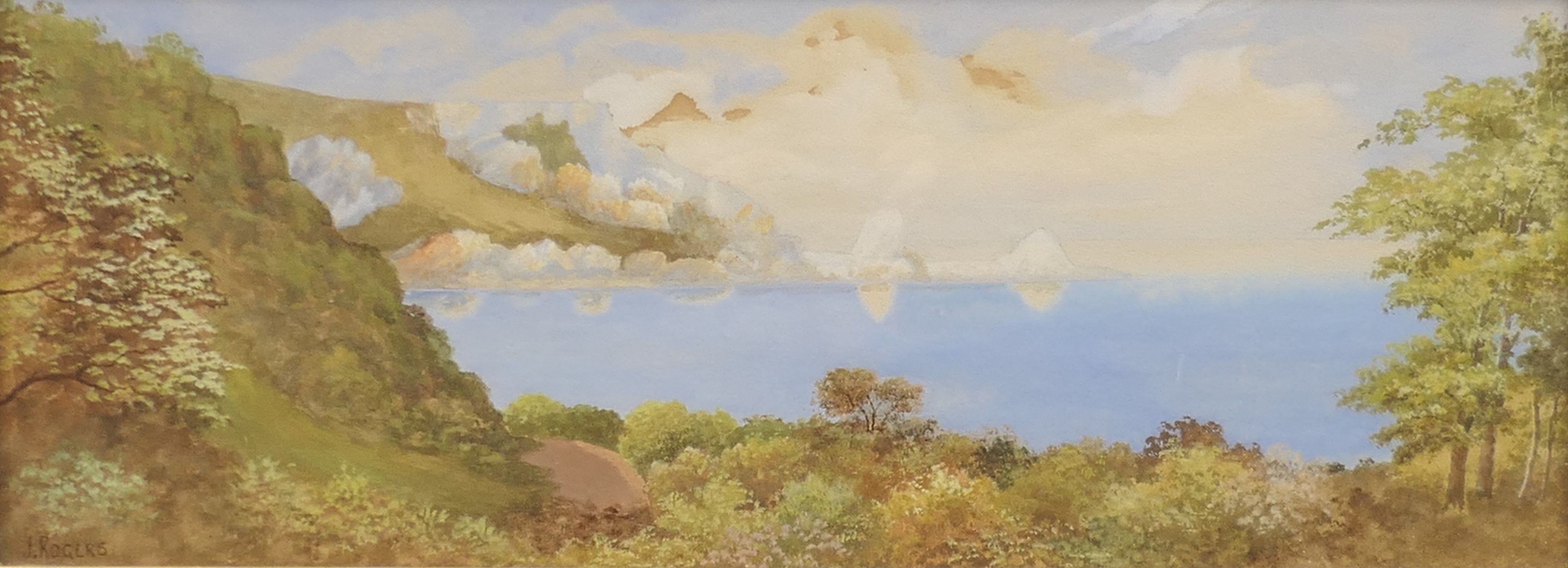 J ROGERS, 'Coastal Landscape', watercolour, signed, framed and glazed. 52.5 x 19.5 cm.