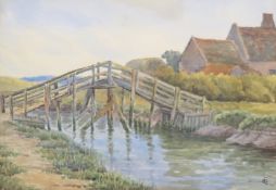 'Wooden Bridge Over a Stream', watercolour, monogrammed and dated 1911, framed and glazed. 33 x 23.