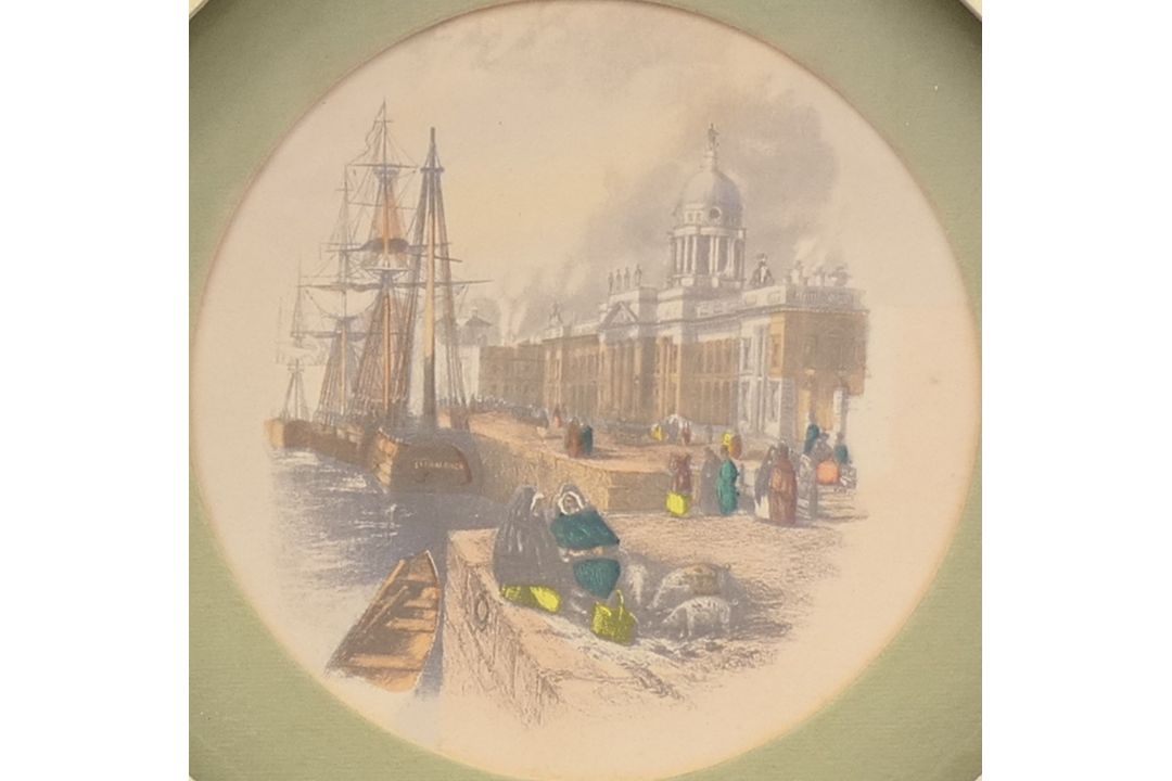 'City Harbour Scene' and 'Castle Ruins Overlooking a River', two colour-tinted prints, - Image 3 of 5