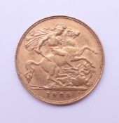 A 1908 gold half sovereign.