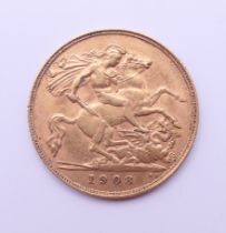 A 1908 gold half sovereign.