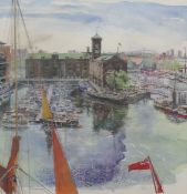 R DOWNER, St Katharine Docks, London, limited edition print numbered 537/1000, framed and glazed.