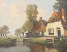 CONTINENTAL SCHOOL, 'Riverside Cottage', oil on canvas, indistinctly signed, framed. 44 x 34 cm.