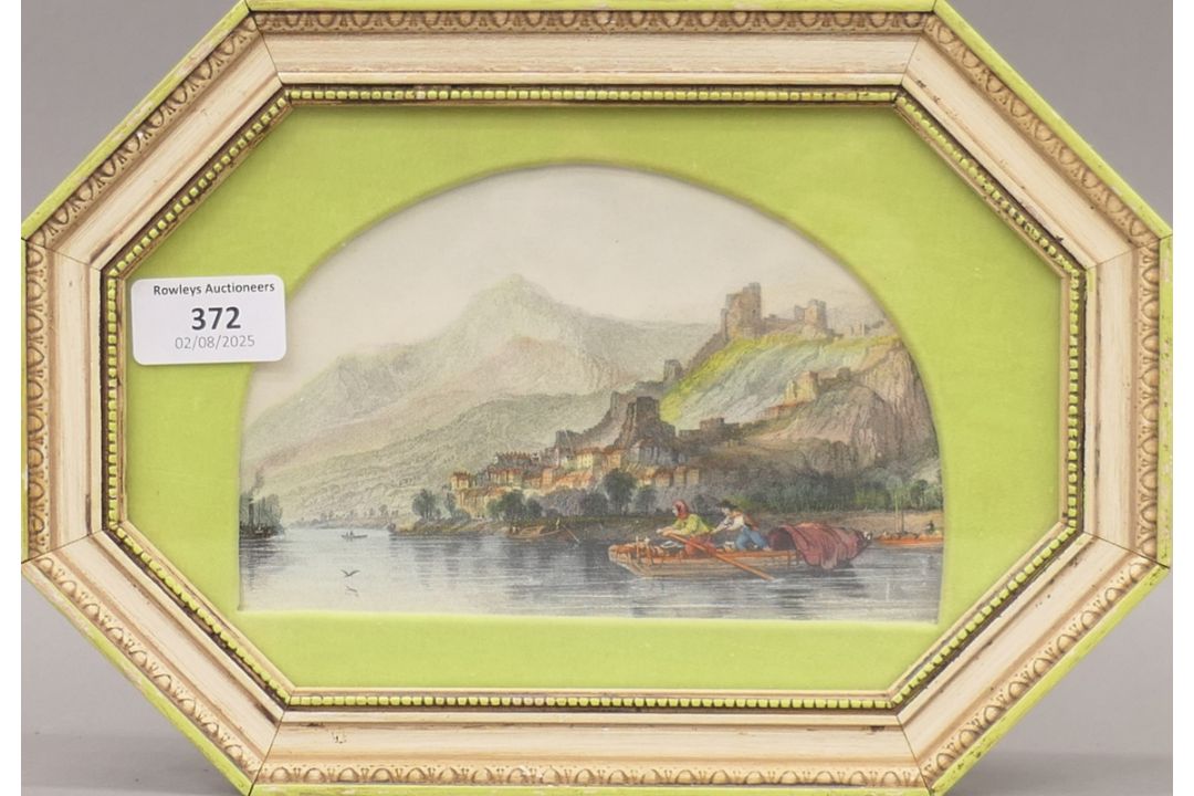 'City Harbour Scene' and 'Castle Ruins Overlooking a River', two colour-tinted prints, - Image 5 of 5