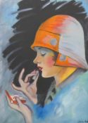 'Art Deco Lady applying Lipstick', oil on canvas, indistinctly signed. 50 x 69 cm.