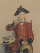 A 19th century watercolour of a Chelsea Pensioner at tea, framed and glazed. 24.5 x 29.5 cm overall.