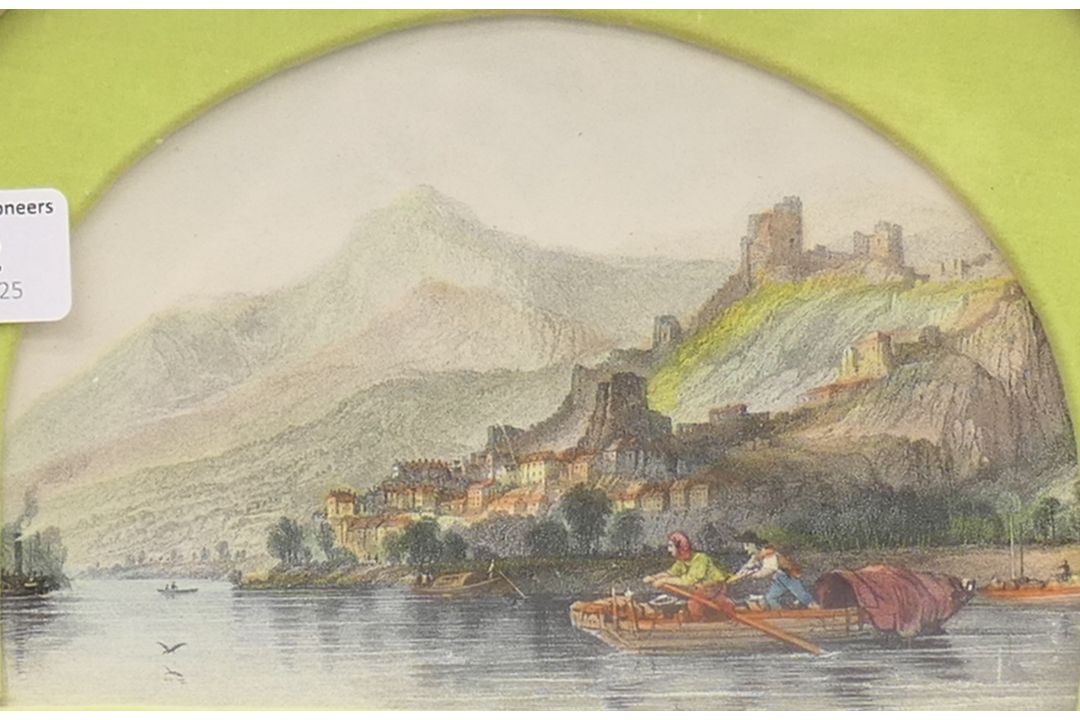 'City Harbour Scene' and 'Castle Ruins Overlooking a River', two colour-tinted prints, - Image 4 of 5