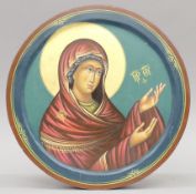 'The Virgin Mary', Greek Orthodox icon, oil on wood. 30 cm diameter.