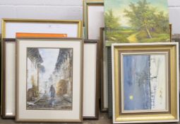 A quantity of various paintings and prints. The largest 57 x 69 cm.