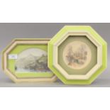 'City Harbour Scene' and 'Castle Ruins Overlooking a River', two colour-tinted prints,