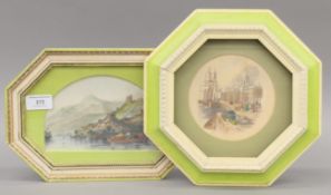 'City Harbour Scene' and 'Castle Ruins Overlooking a River', two colour-tinted prints,