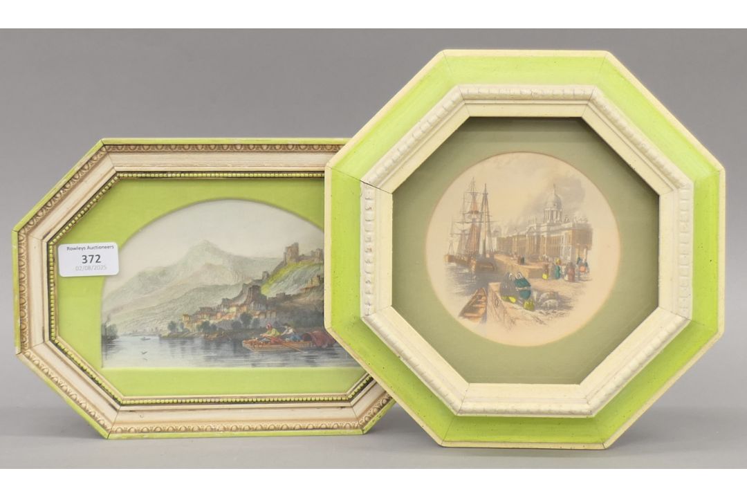 'City Harbour Scene' and 'Castle Ruins Overlooking a River', two colour-tinted prints, - Image 1 of 5