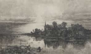 CAMILLE FONCE (born 1867), 'Riverside Village', etching, framed and glazed. 77 x 50 cm.