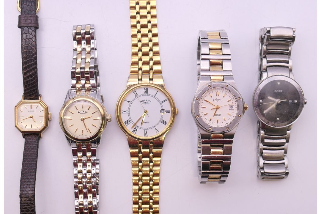 Five various ladies' wristwatches including three Rotary, a Rado and a Seiko. The later 2 cm wide. - Image 1 of 17