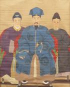 A 19th century Chinese ancestor portrait depicting three seated figures, framed. 93.5 x 118.5 cm.