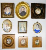 A collection of 19th century framed miniature portraits on ivory, two signed and one with monogram.