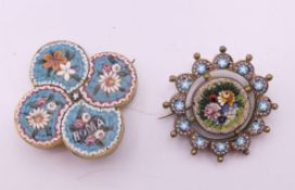 Two micro mosaic floral brooches. 3 cm diameter and 2.75 x 2.75 cm.