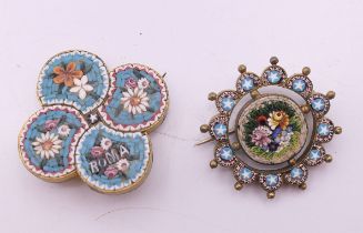 Two micro mosaic floral brooches. 3 cm diameter and 2.75 x 2.75 cm.