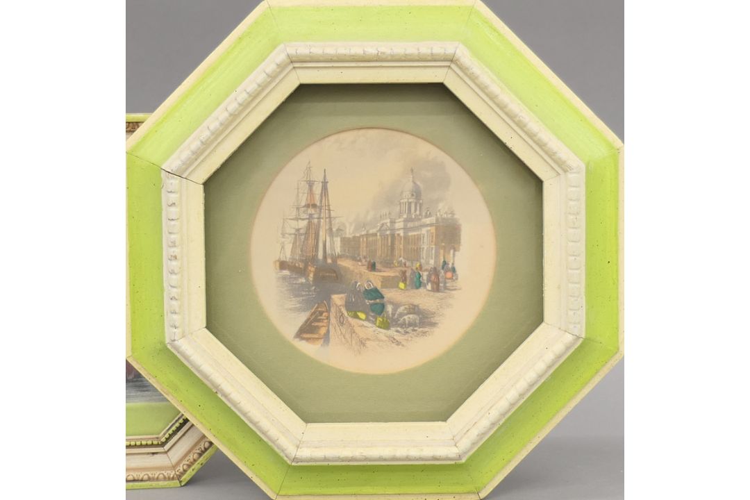 'City Harbour Scene' and 'Castle Ruins Overlooking a River', two colour-tinted prints, - Image 2 of 5