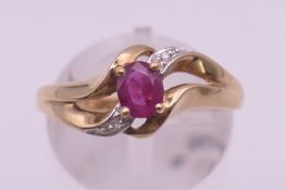 A 9 ct gold, ruby and diamond ring, (stones certified, Madagascar). Ring size O.