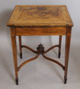 A Victorian rosewood ivorine inlaid envelope card table. 60 cm square. .