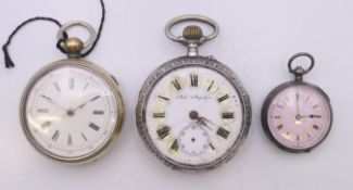 Two silver pocket watches and a plated pocket watch. The largest 6 cm diameter.