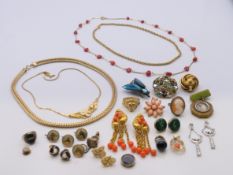 A quantity of jewellery including brooches, necklaces, rings, earrings, a fob, etc,