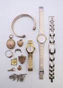 Various wristwatches (Next, NtJ, Colibri), four lockets, a bangle, a fob, a flowerspray brooch,