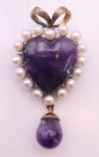 An amethyst and pearl heart brooch. 5.5 cm high.