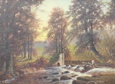 GEORGE HARRIS (1855-1936), 'River Scene with Figure Fishing', oil on board, signed. Image 53 x 40.