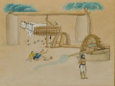A pair of Indian watercolours, one depicting a well scene, the other figures washing clothes,
