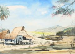 YONG MUN SEN (1896-1962) Malaysian, 'Farmstead with Mountains Beyond', watercolour,
