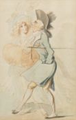 An 18th/19th century coloured caricature sketch of a gentleman and a lady,