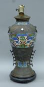 A bronze and cloisonne lamp. 49 cm high.