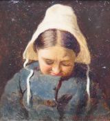 19TH CENTURY DUTCH SCHOOL, 'Girl in White Cap', oil on board, framed. Image 9 x 10 cm.