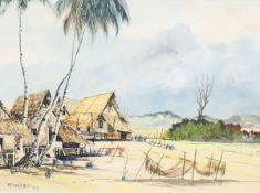 YONG MUN SEN (1896-1962) Malaysian, 'Village Scene with Mountains Beyond', watercolour,