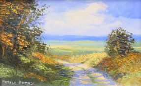 PAMELA DERRY, 'The Distant Blue', oil on board, signed, framed and glazed. Image 19.5 x 12 cm.