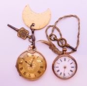 Two 14 ct gold fob watches. The larger 3.5 cm diameter. 51.2 grammes total weight.
