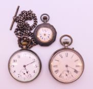 A silver pocket watch and chain, a silver fob watch and a plated pocket watch. The former 4.