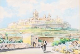 'Mdina, Malta', watercolour, signed Galea, framed and glazed. Image 17 x 12 cm.