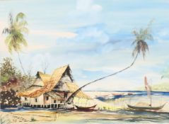 YONG MUN SEN (1896-1962) Malaysian, 'Beachside Hut with Boats in the Foreground', watercolour,
