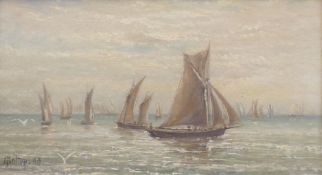 A SALTON (19th century school), 'Boats at Sea', oil on board, signed and dated '88, framed.